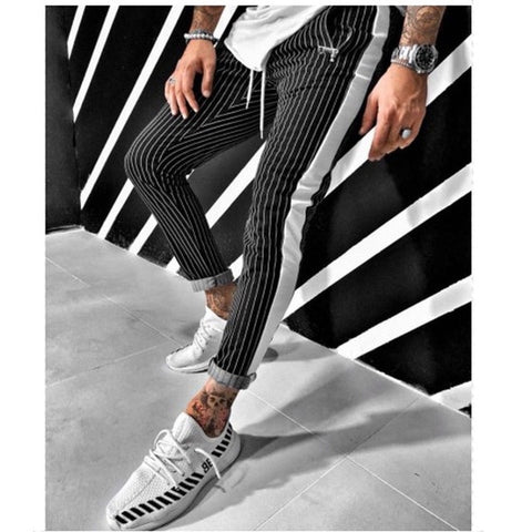 New Stripe Men's spring autumn skinny Fashion Jogger Pants Hip Hop Straight Casual Trousers Slim Fitness  Long Pants M-2XL