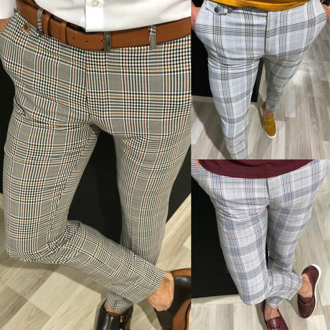 Fashion Mens Slim Fit Trousers Check Casual Pants Joggers Tartan Jogging Skinny Bottoms New Plus Size