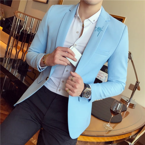 Spring Pure Color Men's Long Sleeve Blazer S M L 3XL Navy Blue Black Khaki Red Sky Blue Fashion Business Casual Man Suit Jackets