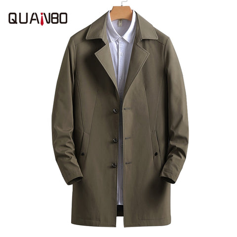 QUANBO Autumn Men's Trench Coat Business Casual Windbreaker Long Jacket  Army Green Brand Clothing Black  Black Trench Coat