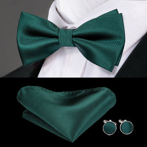 Hi-Tie Classic Green Bow Ties for Men Silk Butterfly Tie Bow Tie Hanky Cufflinks Set Wedding Party Paisley Plaid Solid Bowtie