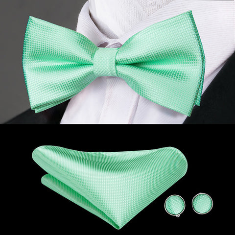 Hi-Tie Classic Green Bow Ties for Men Silk Butterfly Tie Bow Tie Hanky Cufflinks Set Wedding Party Paisley Plaid Solid Bowtie