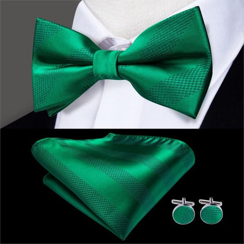 Hi-Tie Classic Green Bow Ties for Men Silk Butterfly Tie Bow Tie Hanky Cufflinks Set Wedding Party Paisley Plaid Solid Bowtie