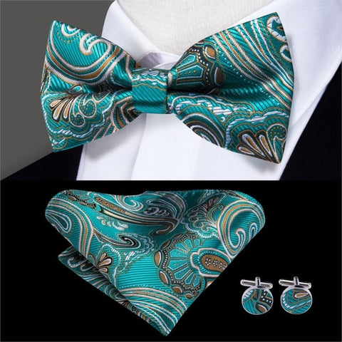 Hi-Tie Classic Green Bow Ties for Men Silk Butterfly Tie Bow Tie Hanky Cufflinks Set Wedding Party Paisley Plaid Solid Bowtie