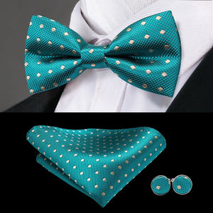 Hi-Tie Classic Green Bow Ties for Men Silk Butterfly Tie Bow Tie Hanky Cufflinks Set Wedding Party Paisley Plaid Solid Bowtie