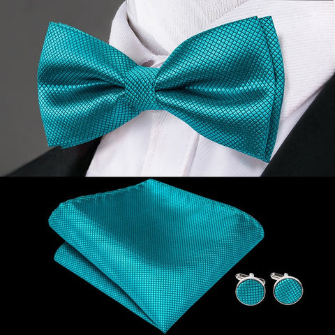 Hi-Tie Classic Green Bow Ties for Men Silk Butterfly Tie Bow Tie Hanky Cufflinks Set Wedding Party Paisley Plaid Solid Bowtie