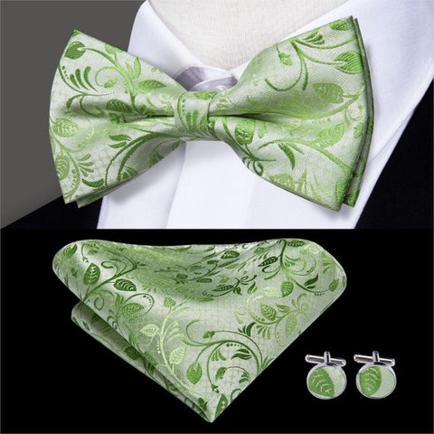 Hi-Tie Classic Green Bow Ties for Men Silk Butterfly Tie Bow Tie Hanky Cufflinks Set Wedding Party Paisley Plaid Solid Bowtie