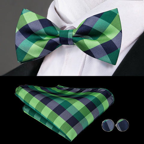 Hi-Tie Classic Green Bow Ties for Men Silk Butterfly Tie Bow Tie Hanky Cufflinks Set Wedding Party Paisley Plaid Solid Bowtie