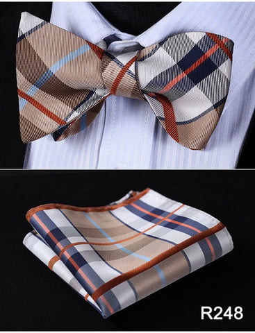 Floral Check Dot 100%Silk Jacquard Woven Men Butterfly Self Bow Tie BowTie Pocket Square Handkerchief Hanky Suit Set #RM1