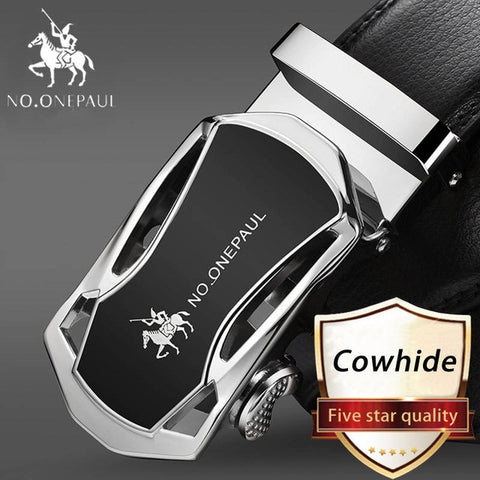 NO.ONEPAUL Brand Fashion Automatic Buckle Black Genuine Leather Belt Men's Belts Cow Leather Belts for Men 3.5cm Width WQE789