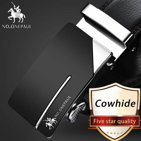 NO.ONEPAUL Brand Fashion Automatic Buckle Black Genuine Leather Belt Men's Belts Cow Leather Belts for Men 3.5cm Width WQE789