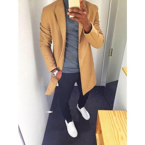 Fashion Winter Men's Trench Long Jackets Coats Overcoat Classic Jackets Solid Slim Fit Outwear Hombre Men Clothes 4 Colors