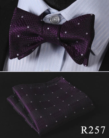 Floral Check Dot 100%Silk Jacquard Woven Men Butterfly Self Bow Tie BowTie Pocket Square Handkerchief Hanky Suit Set #RM1