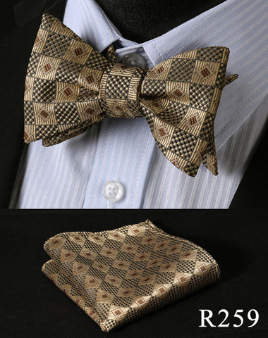 Floral Check Dot 100%Silk Jacquard Woven Men Butterfly Self Bow Tie BowTie Pocket Square Handkerchief Hanky Suit Set #RM1