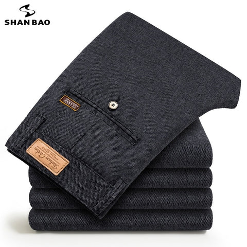 SHANBAO 2019 autumn winter new elegant wild cotton business casual pants fashion stickers brand men's slim trousers gray blue